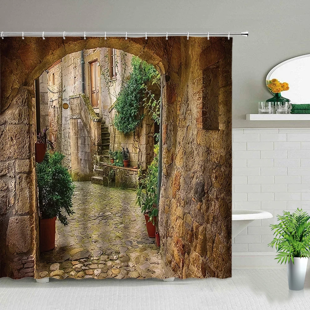 Window Outside Forest Bridge Spring Landscape Creativity Shower Curtain Zen Stone Tree Building Scenery Cloth Curtains With Hook