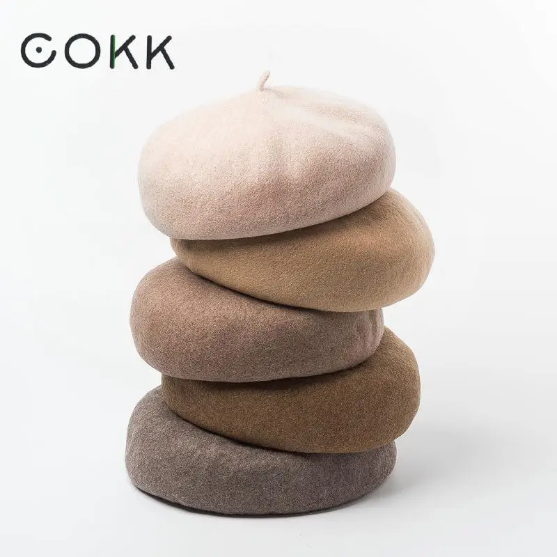 

COKK 100% Wool Beret Women Hat Soft Solid Color Autumn Winter Hats For Women Lady Vintage Bonnet Chapeau Femme Painter Cap