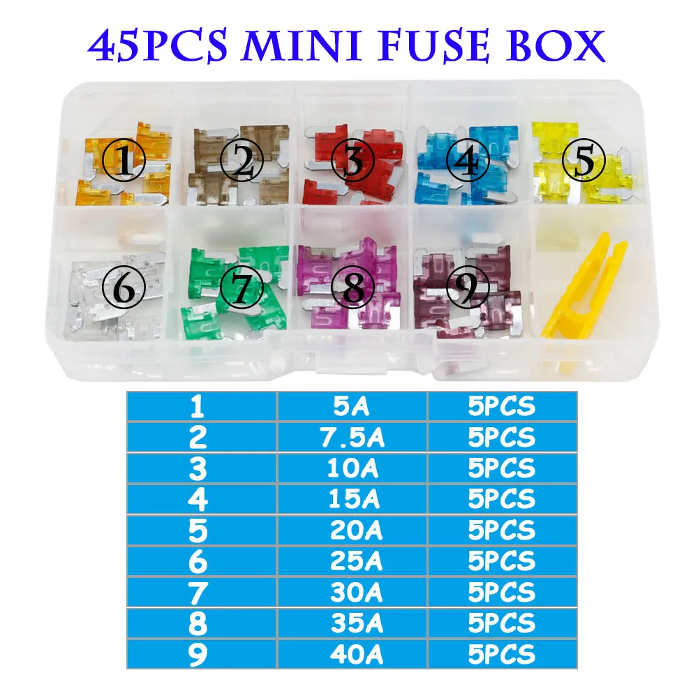 90/45PCS Car Fuse 5/7.5/10/15/20/25/30/35/40A Mini/Small/Medium 32V Automotive Blade Type Zinc alloy Fuse with Box Clip