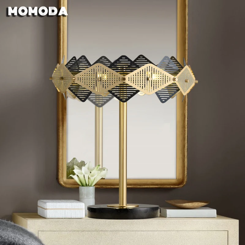 MOMODA Creative Brass Marble Table Lamp Art Bedroom Bedside Lightings Modern Black Golden LED Table Lights for Living Room Study