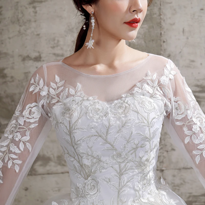 New Summer Korean Light Wedding Dress Vestidos De Novia Off White Bride Custom O-neck Princess Simple Long Sleeve Lace Appliques