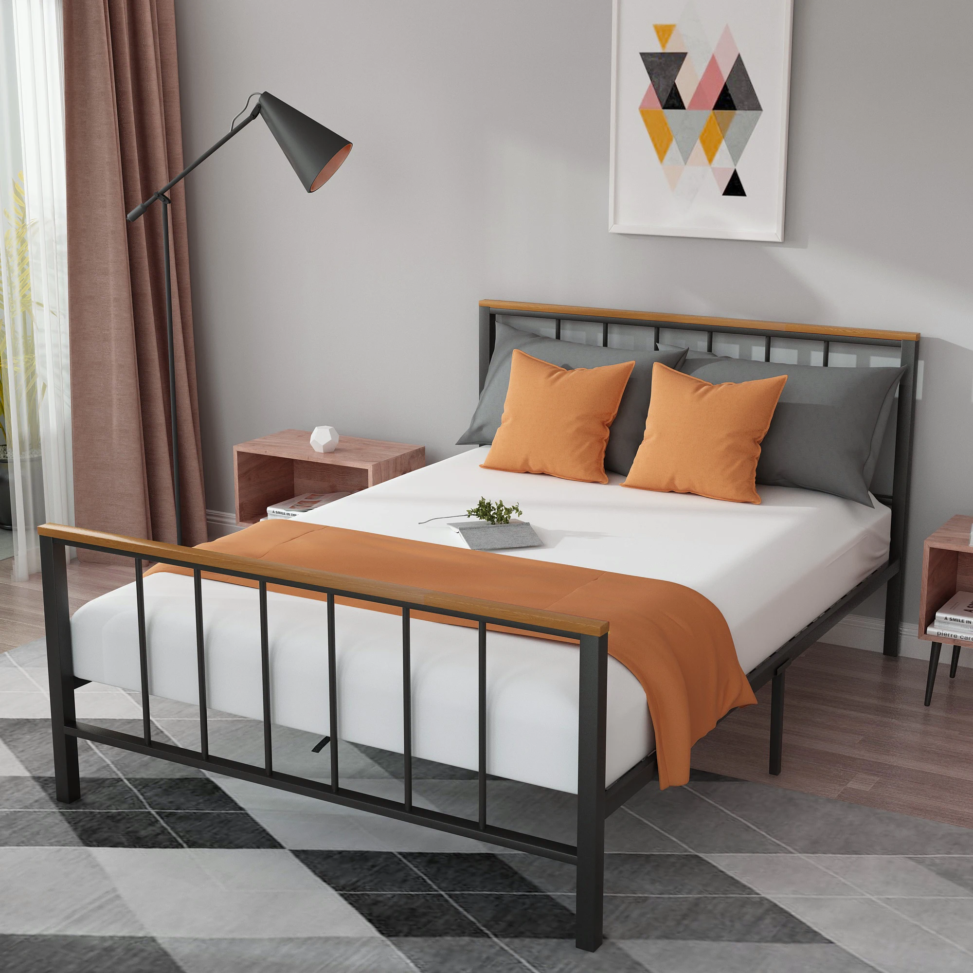 Full Size Metal Platform Bed Frame with Headboard and Footboard Sturdy Metal Frame No Box Spring Needed[US-W]