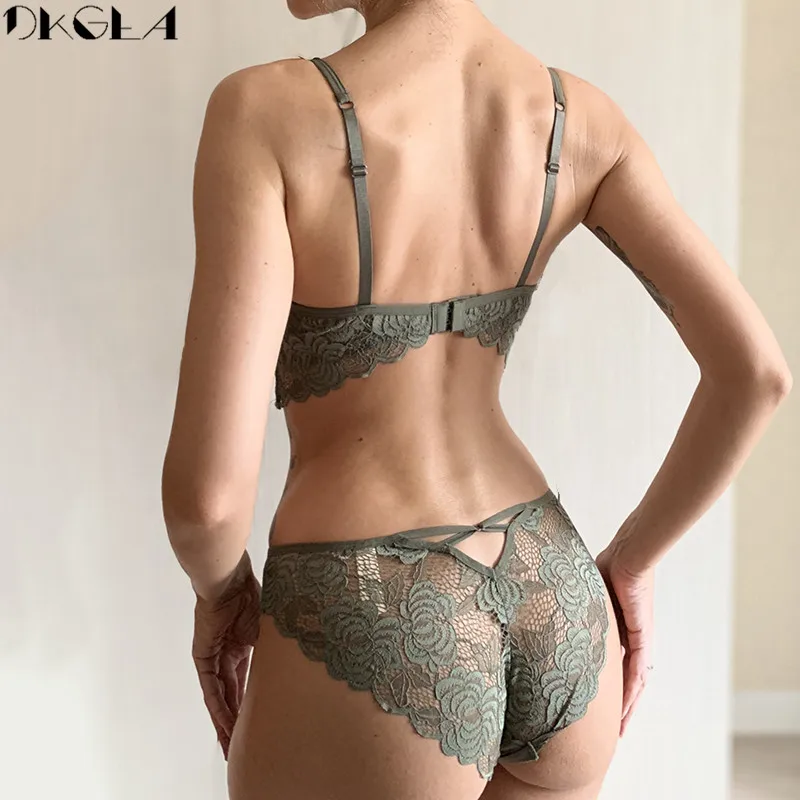 New Fashion ArmyGreen Bra Set Push Up Brassiere Cotton Thick Gather Bras Women Lingerie Sets Embroidery Lace Underwear Set Sexy