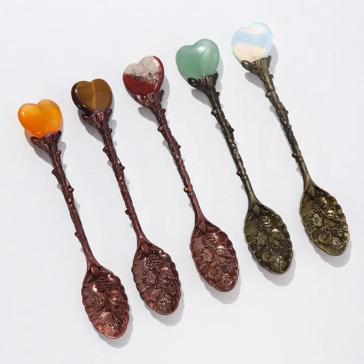 Natural Heart Shaped Crystal Stone Spoons DIY Gem Household Long Handle Coffee Spoon Kitchen Tool SN2098