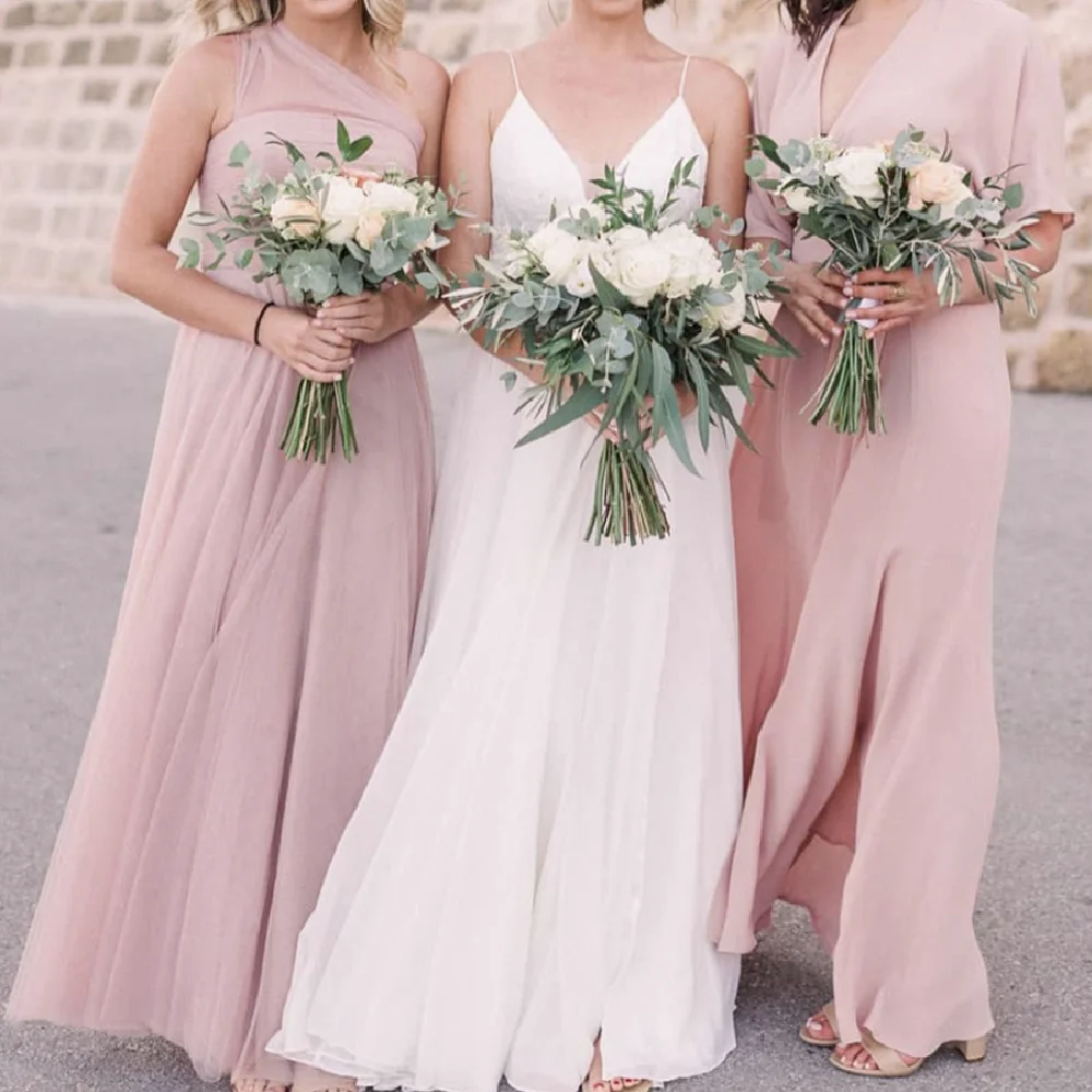 Light Pink Series Bridesmaid Dresses A-Line One Shoulder Sleeveless Floor Length Simple Formal Wedding Party Gowns Custom Made