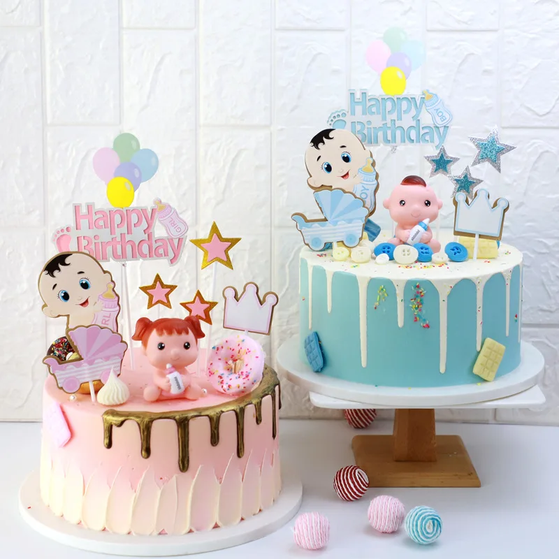 Happy Birthday Cake Toppers Balloon Stars Baby Shower Cake Flags It's A Girl Boy Birthday Gender Reveal Party Castle Cake Decor