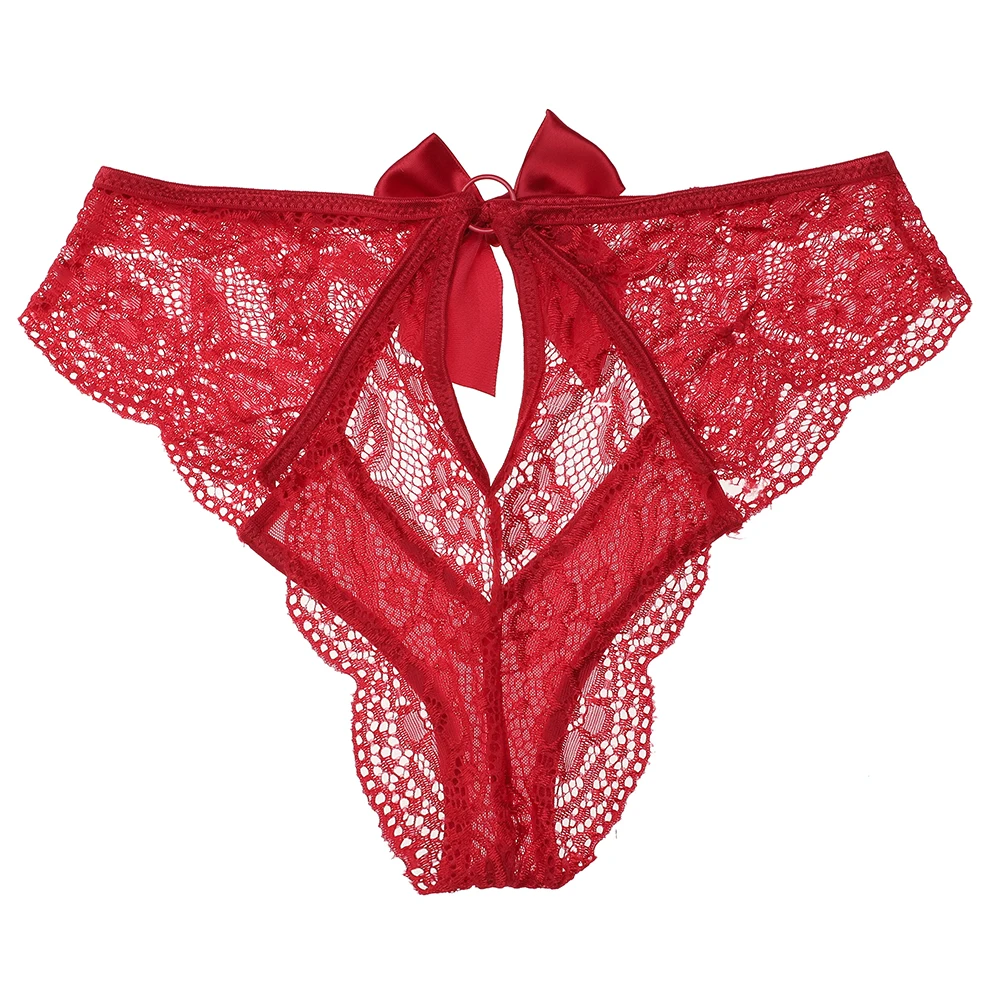 Meet\'r-Lencería de encaje para mujer, ropa interior ahuecada, bragas sexys con correa cruzada, bragas transparentes con lazo
