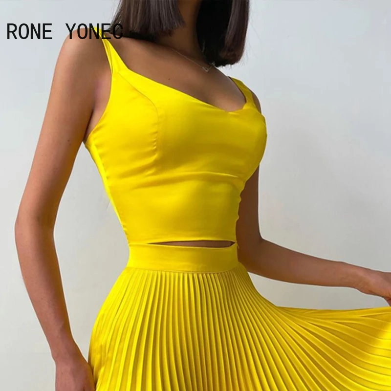 Women Square Neck Crop Top & Pleated Skirt Sets Summer Suit