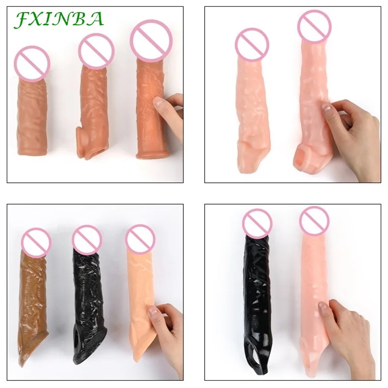 FXINBA 14-28cm Realistic Penis Sleeve Extender Large Cock Sleeve Enlargement Sex Toy For Men Delay Ejaculation Reusable Condom