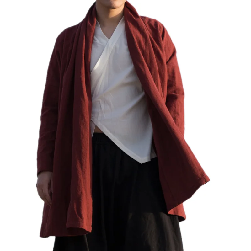 2020 Chinese Tang Suit Ancient Style Hanfu Men\'S Clothing Cotton Linen Cloak Coat Retro Zen Clothing Taoist Robe Gown