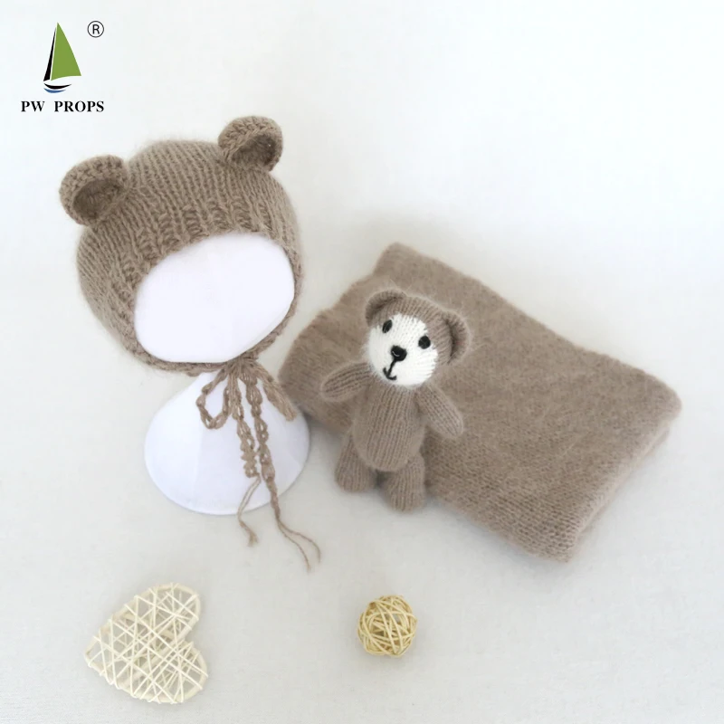 

New Teddy Bear toy And Bonnet Angola Wrap Newborn Photography Props Baby Handmade Hat Toy And Soft Wrap Photo Shoot