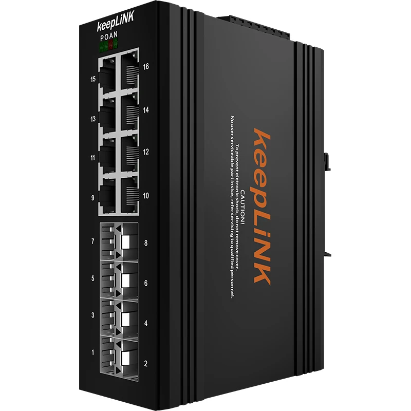 16-o gigabit industrial do porto controlou o interruptor do ruído-trilho 8 entalhes de sfp 8 rj45ports ip40