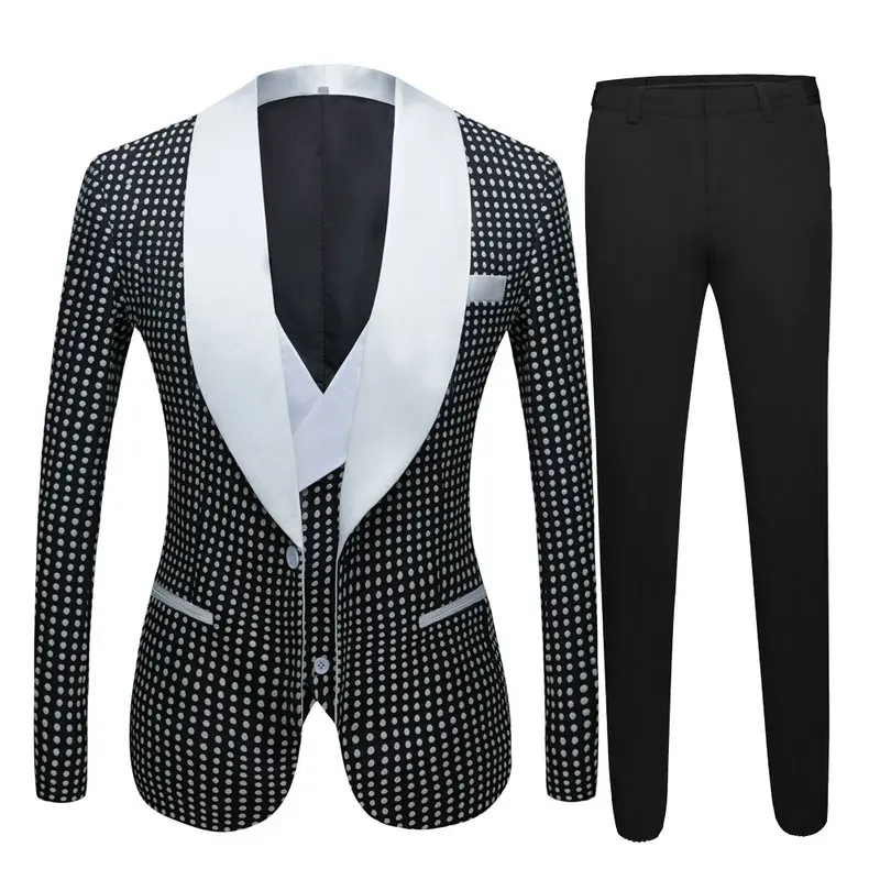 

2020 Costume Homme Formal Black White Men Dots Wedding Suit Tuxedo Groom Wedding Party Suits For Men Bridegroom Groomsmen