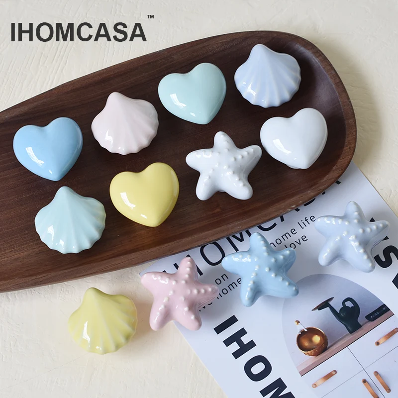 IHOMCASA Ceramic Knob Heart Seastar Shell Room Furniture Hardware Cabinet Handles Kitchen Wardrobe Bookcase Drawer Pull