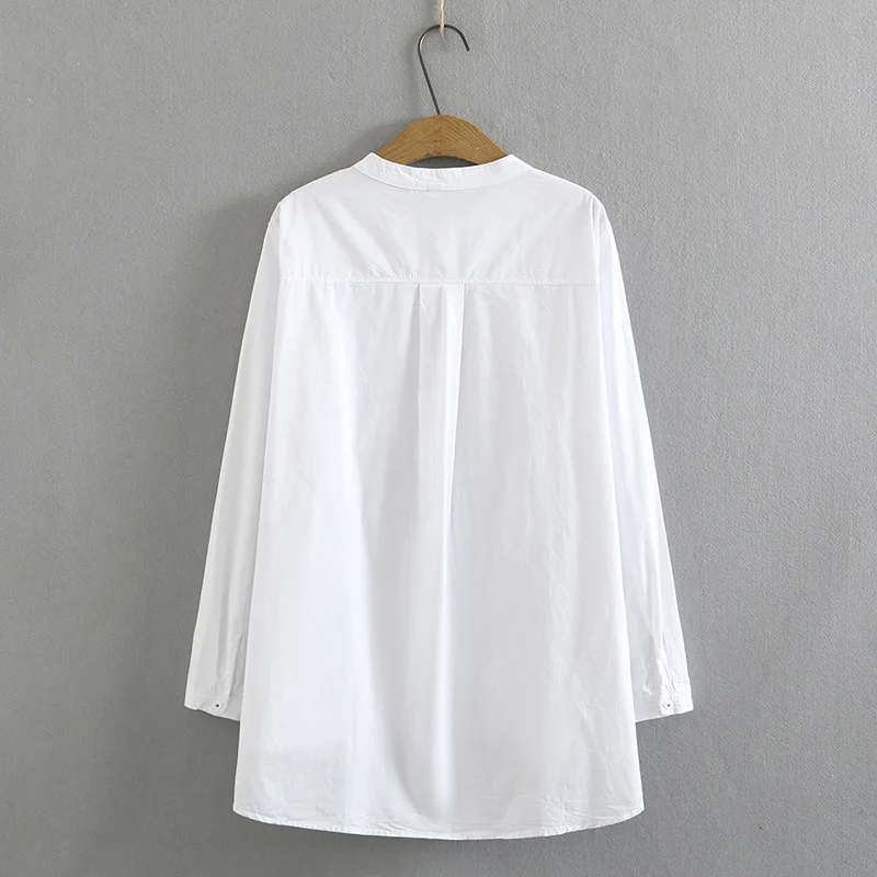 Women Clothing Blouses Plus Size 2021 Autumn New Loose VINTAGE Stand Collar Long White Shirt 8099