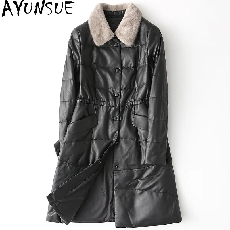 AYUNSUE – manteau Long en peau de mouton pour Femme, Veste en Cuir véritable, doublure en fourrure de vison, 100%, 1221