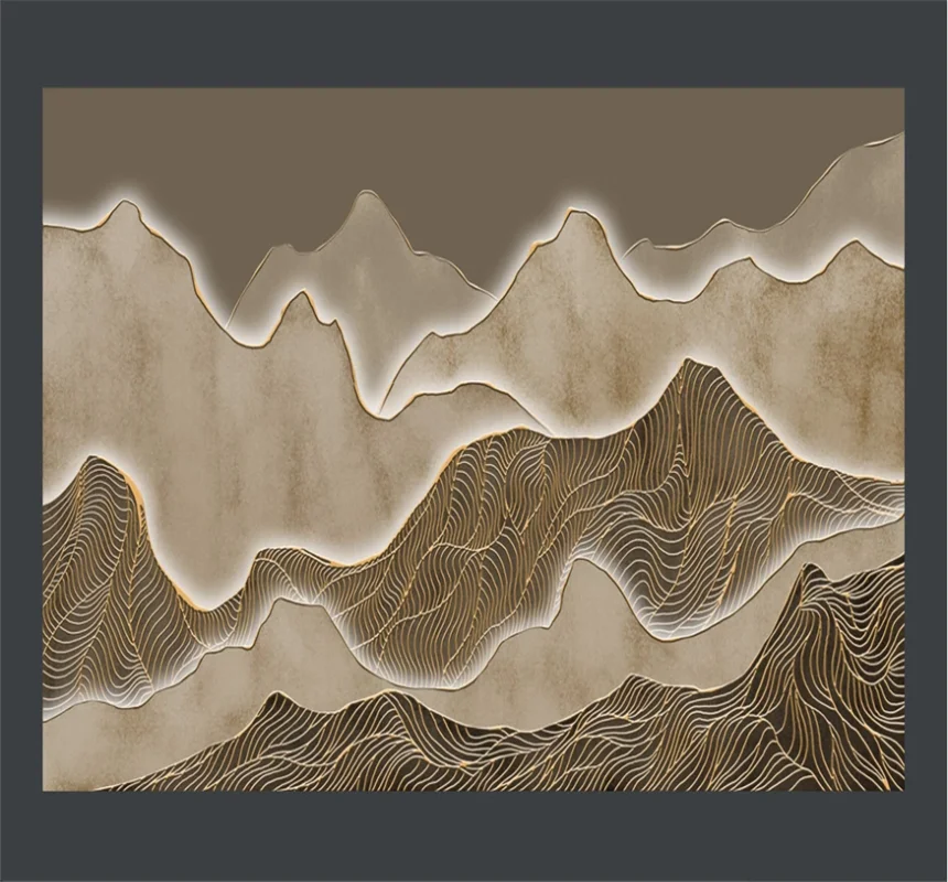 Aangepaste Behang 8D Waterdichte Muur Doek Artistieke Conceptie Abstract Gold Line Inkt Landschap Achtergrond Muurschildering