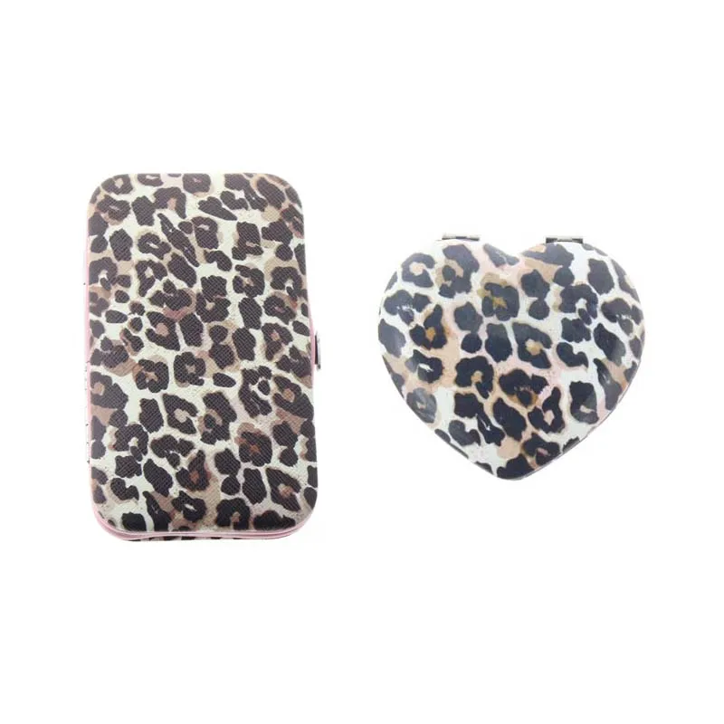 

6 in 1 Soft Cover Leopard Manicure Set And Makeup Mirror For Women Men Girl Boy Holiday Birthday Christmas Gift Present