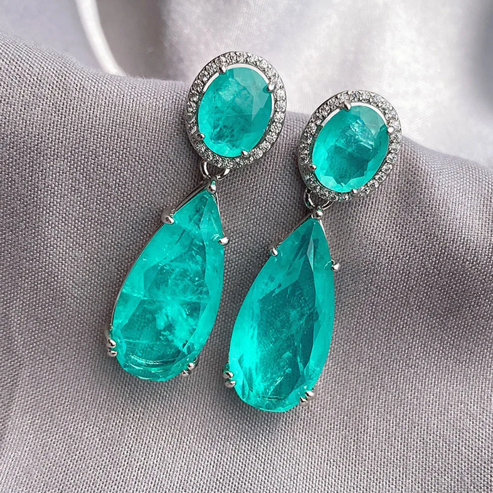 New Arrival Charms Drop Big Earrings for Women Vintage Paraiba Tourmaline Emerald Gemstone Wedding Earrings Fine Jewelry Gift