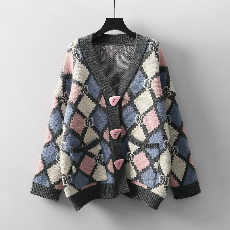 Hit Color Long Sleeve Geometric Sweater Women 2021 New Single-breasted Female Retro Cardigan Soft Flexible Knitted Sweater