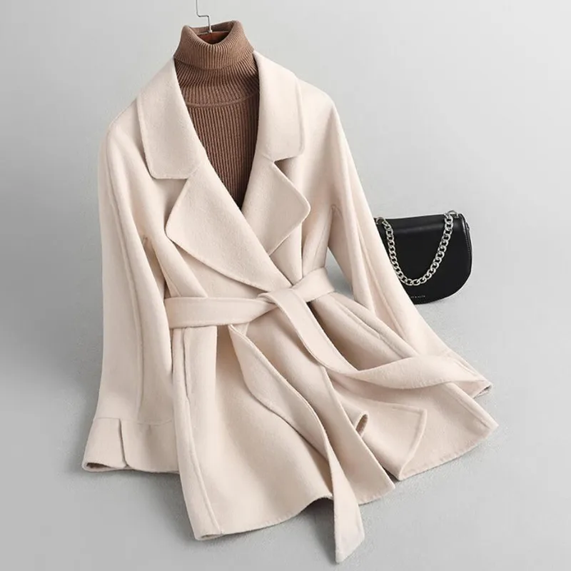 

Double-Sided Cashmere Coat Women New Autumn Winter Korean Style Lace-Up Slim Woolen Coat q533