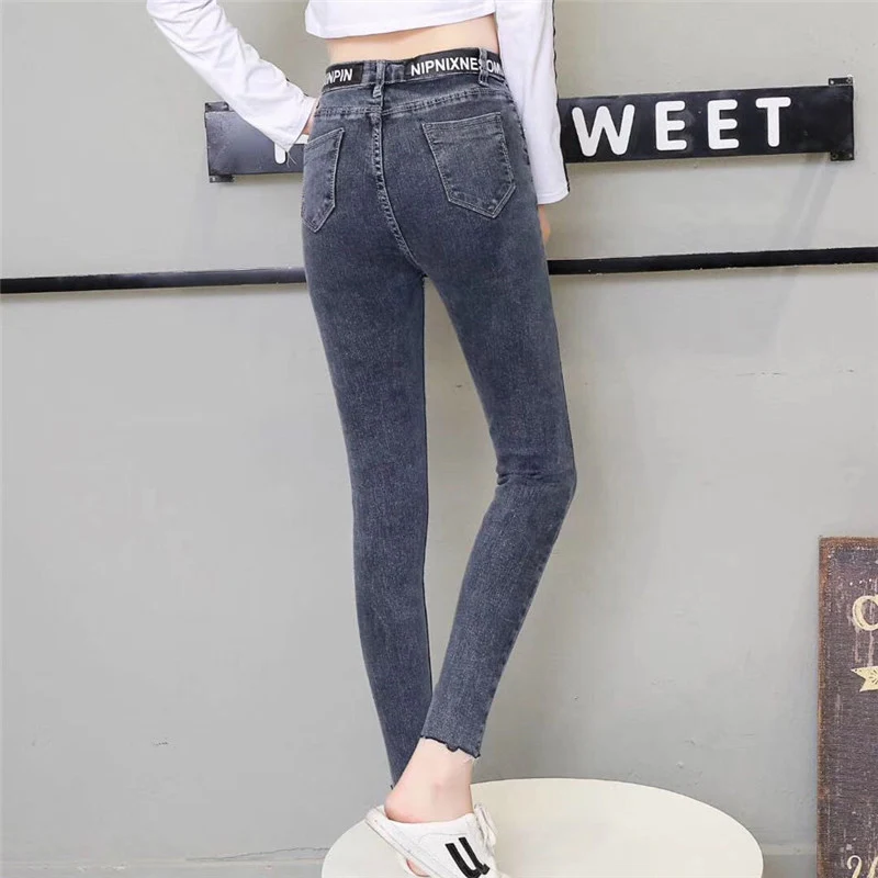 Mom High Waist Plus Size Pencil Jeans Women Skinny Black Gray Stretch Denim Pants Ladies Fashion Leather Belt mujer Streetwear