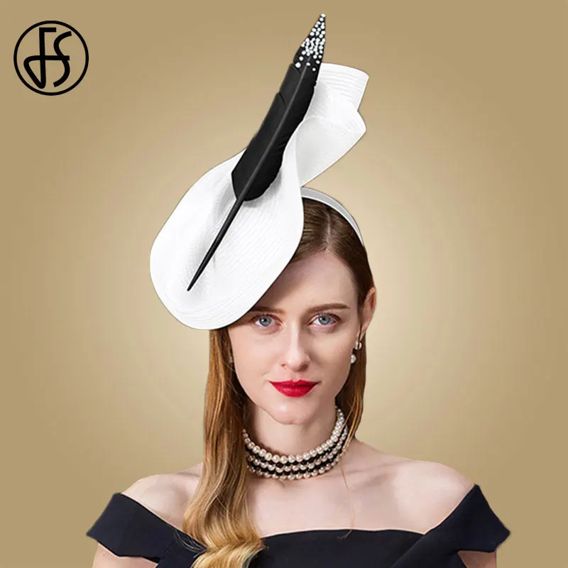 FS Big Fascinators For Weddings Sinamay Pillbox Hat White Women Elegant Feather Derby Fedoras Black Ladies Church Hats Vintage