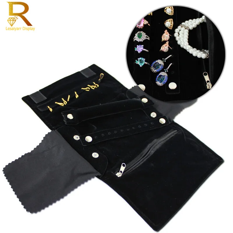 Elegant Burgundy or Black Velvet Small Jewelry Organizer Roll Travel Zipper Bag Case For Multiple Necklace Ring Earrings Storage