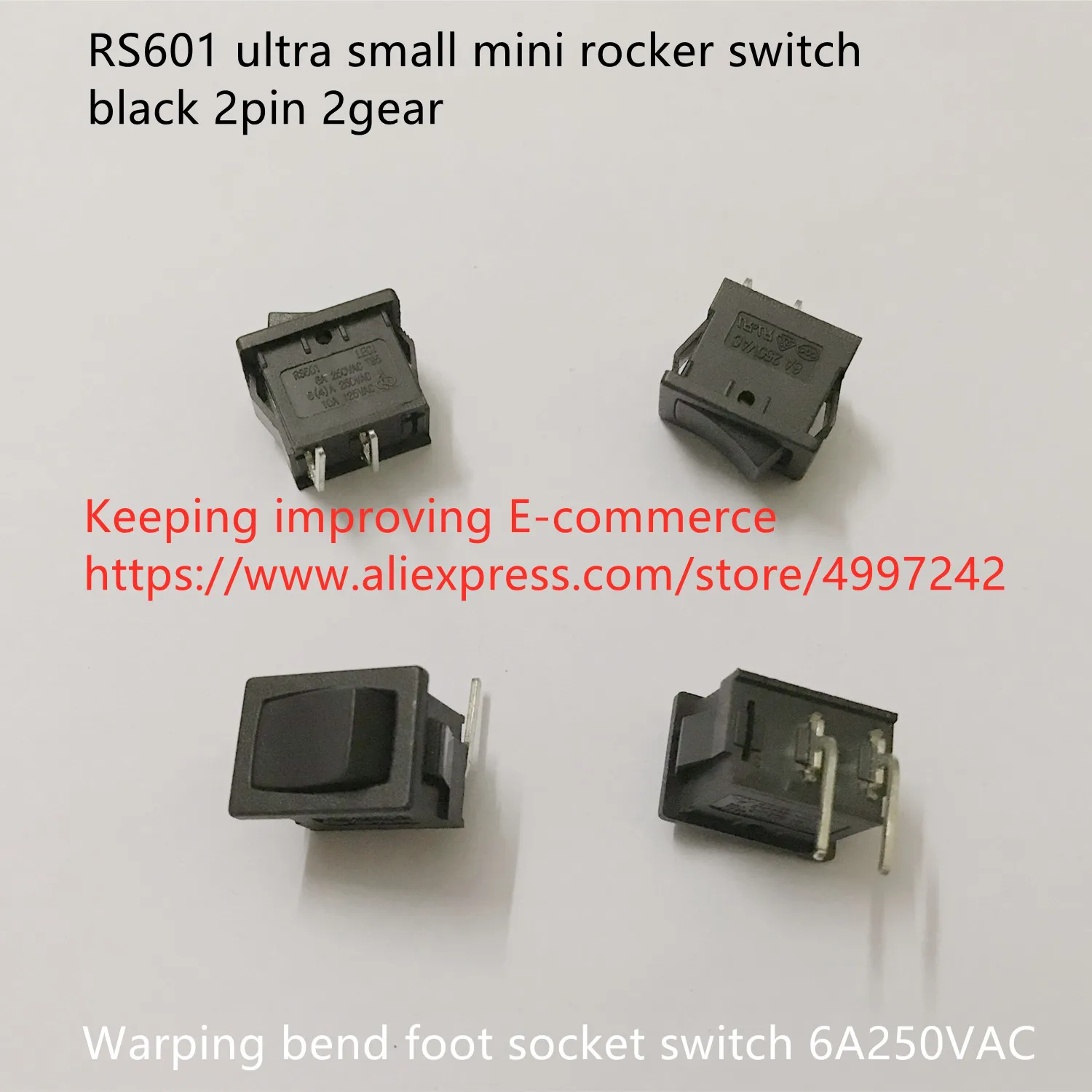 Original new 100% RS601 ultra small mini rocker switch black 2pin 2gear warping bend foot socket switch 6A250VAC