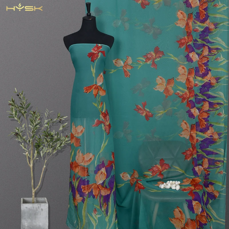 

HYSK 100 pure georgette China Silk chiffon Fabric floral lotus digital printed 52" heavy sewing by the yard dress african Q3841