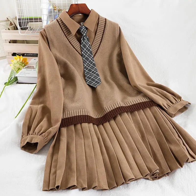 Traje de estilo universitario Kawaii para mujer, vestido plisado suelto que combina con todo, + corbata Chaleco de punto, 3 piezas, primavera y otoño