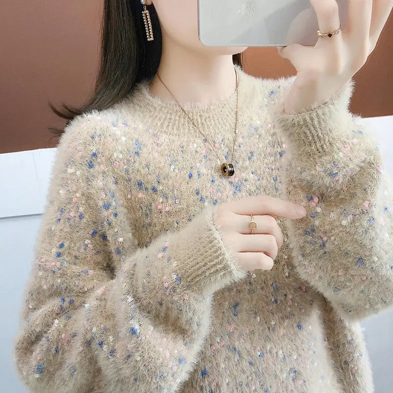 2023 New Women\'s Pullover Female Autumn Winter Cashmere/No Cashmere Sweater Imitation Mink Velvet Long-sleeved Knitted Top A459