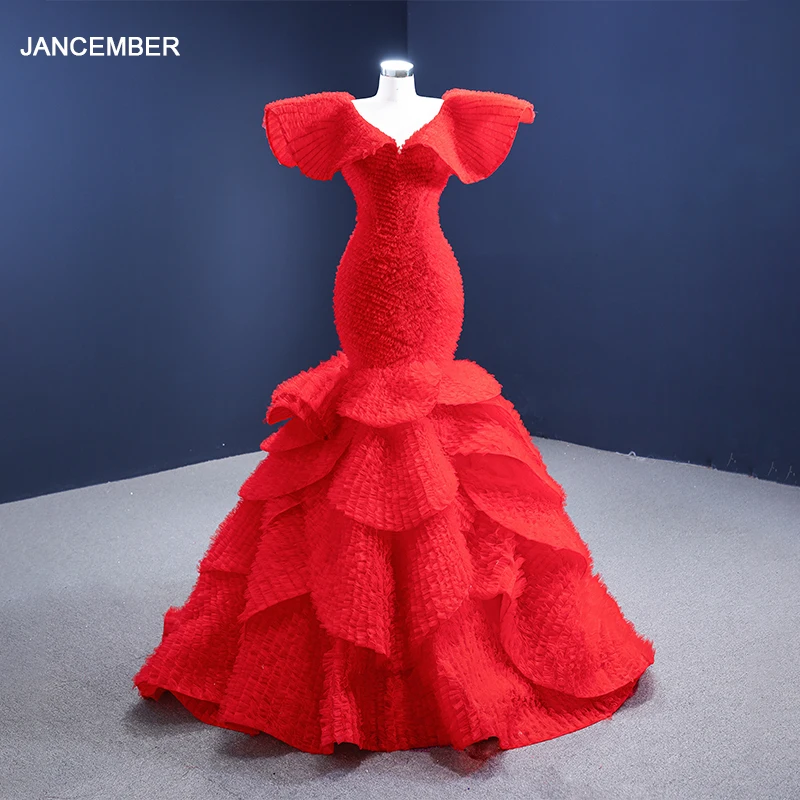 

J67286 JANCEMBER Simple Red Evening Dress Sexy Fishtail Slim Frill Exquisite Chiffon Backless Party Prom Gown Robes De Soirée