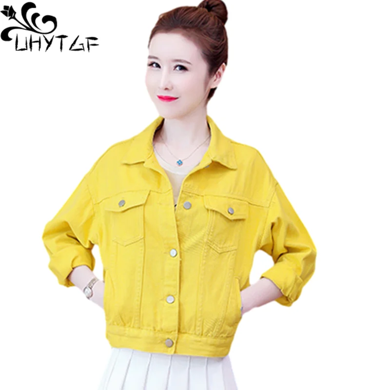 UHYTGF Spring Autumn Jeans Jacket Women Cute Girl Elegant Short Denim Coat Solid Wild Casual Loose 5XL Big Size Outerwear 2019