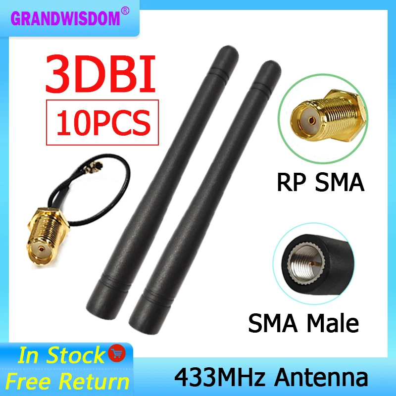 

GRANDWISDOM 10pcs 433mhz antenna 3dbi sma male lora antene iot module lorawan antene ipex 1 SMA female pigtail Extension Cable