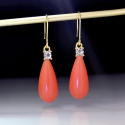 2021 Fashion Women's Crystal Dangle Earrings Coral Red Water Drop Pendant Vintage Earrings For Girl Gold Color Piercing Ear Stud