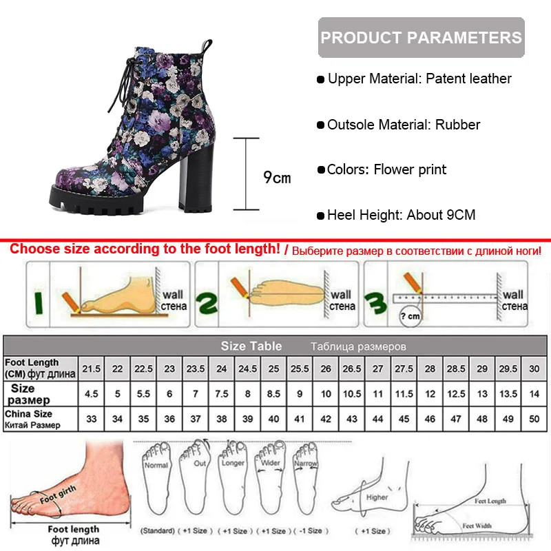 Phoentin Flower print Women\'s shoes platform thick heel ankle boots New arrival 2020 autumn winter cross tied zip shoes FT1100