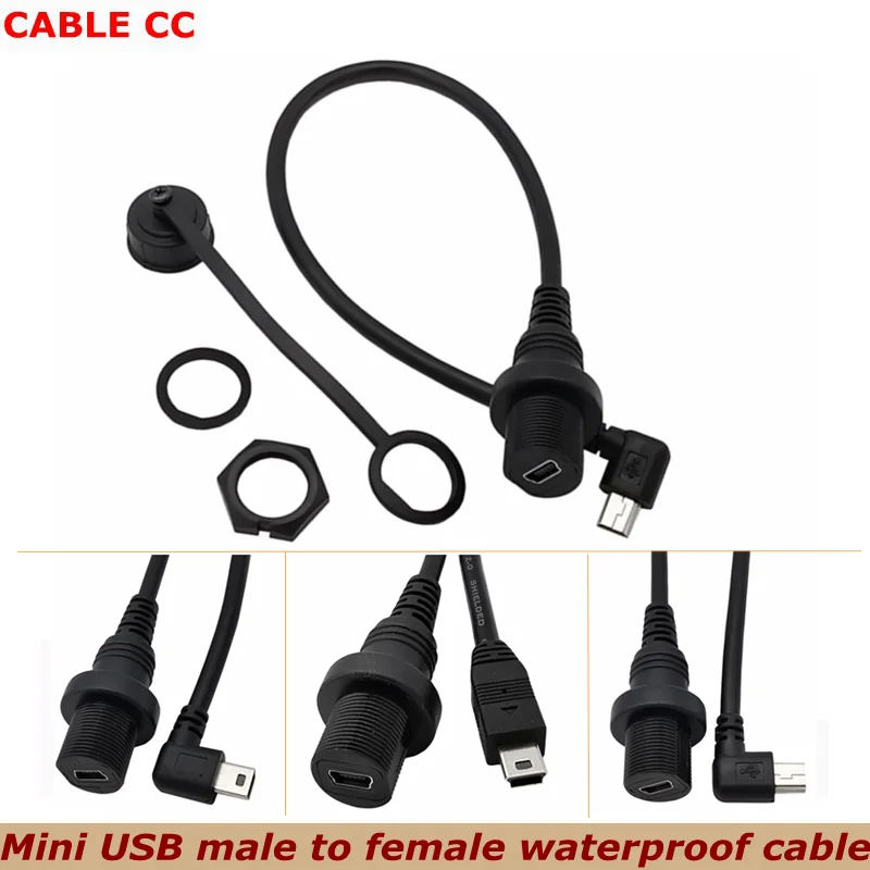 0.3m IP67 waterproof cable Mini USB 90 degree male to female panel car ship dashboard installation connector extension cable