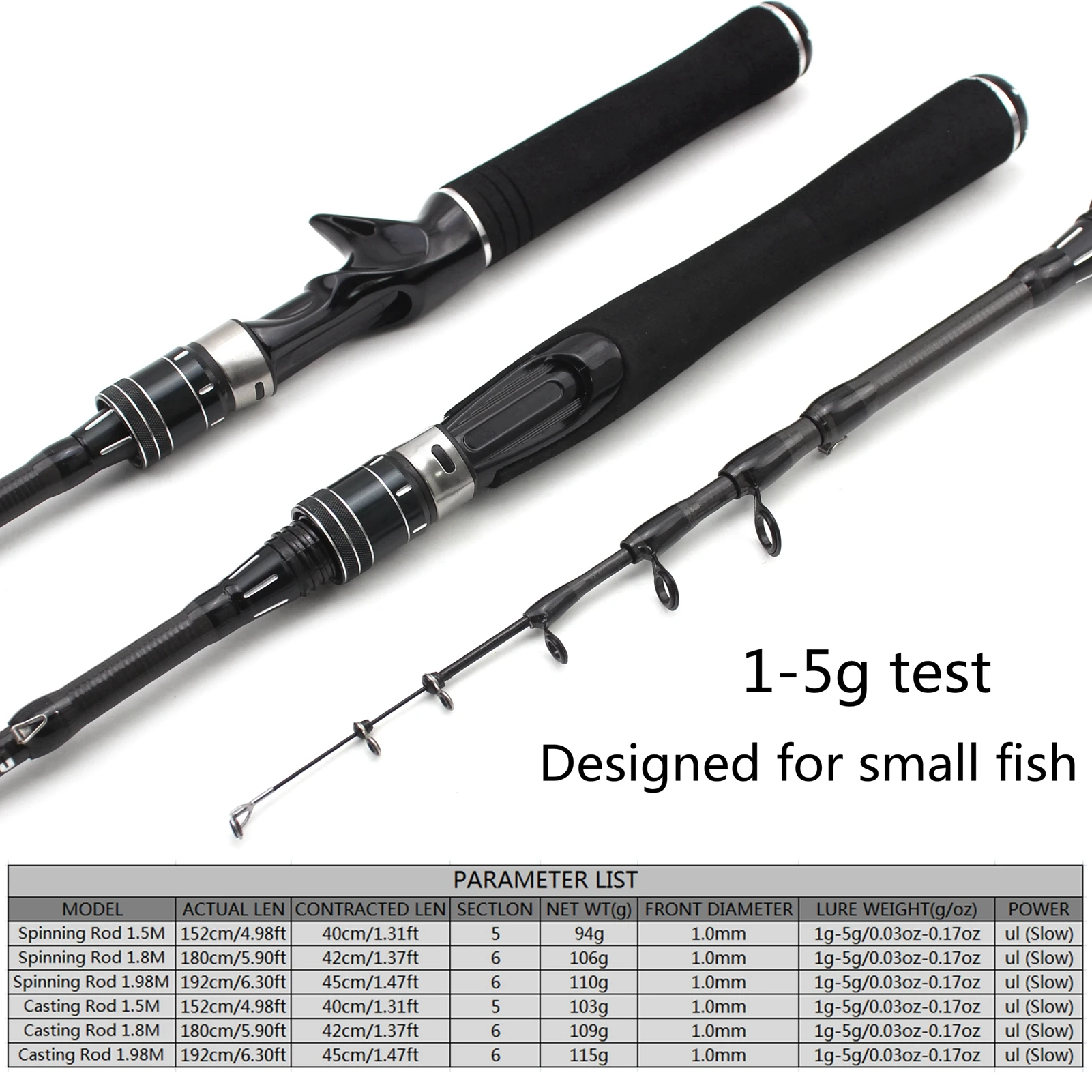 1.98M ul power Telescopic Fishing Rod Spinning Rod Lure Weight 1-5g Super light and soft Catch small fish pole Sensitive tips