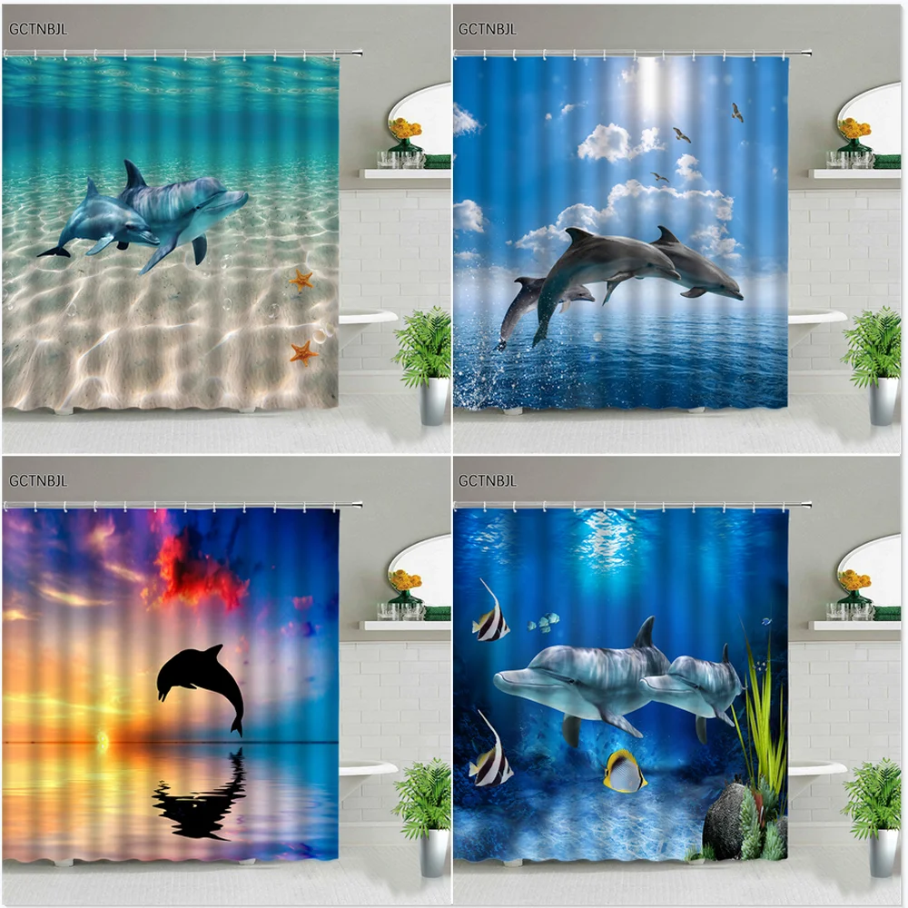 

Funny Dolphin Shower Curtains Cute Ocean Animal Blue Seawater Sea Wave Scenery Bathroom Decor Cloth Hanging Curtain With Hooks