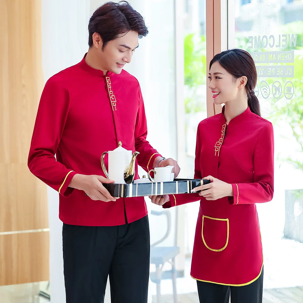 Conjunto de uniforme de garçom, uniforme feminino de restaurante chinês para atendimento a alimentos, cafeteria, trabalho, hotel