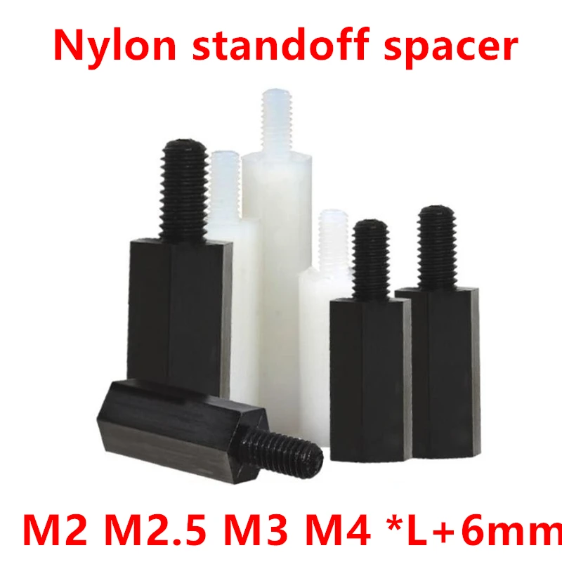 50pcs M2 M2.5 M3 M4 Black/White Hex Nylon Standoff Spacer Column Flat Head Nylon Plastic Spacing Screws Nuts Exter thread 6mm