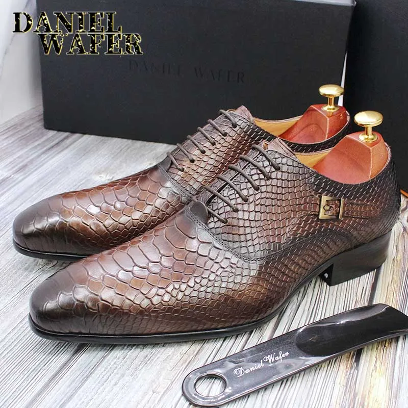 Modische Herren-Lederschuhe mit Schlangenhaut-Aufdruck, klassische Schnürung, Oxford, formell in Wein, Blau, Kaffee, Schwarz – spitze Zehenpartie – Detail 18