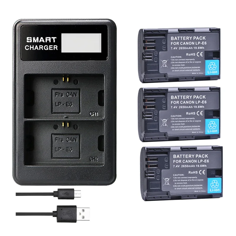LP E6 LPE6 LP-E6 E6N Battery+LED Dual Charger Kit For Canon EOS 5DS R 5D Mark II 5D Mark III 7D 6D 70D 80D EOS 5DS R Camera