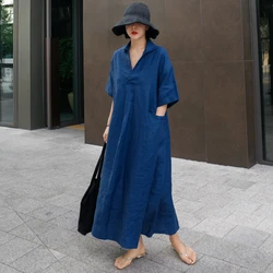 NINI WONDERLAND 2021 Autumn Women V Neck Cotton Linen Big Size Dress  Summer Loose Slit Casual Dress Vintage Robe Korean Style