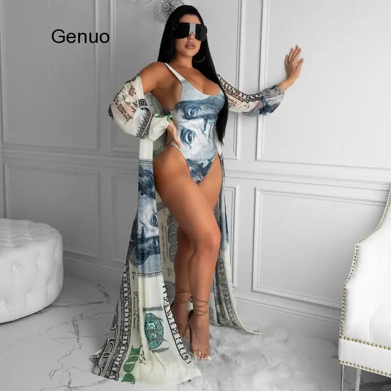 

Bikini Two Pieces Set Dollar Printed Women Summer Bathing Suit Sexy Beach Boho Long Sleeve Cloak +Swimsuit Outfit Swimsuit Sets