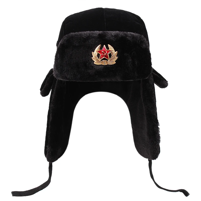 Soviet Military Badge Russian Ushanka Bomber Hat Pilot Hat Faux Rabbit Winter Hat With Fur Earmuffs Snow Hat Ski Mask Beanies