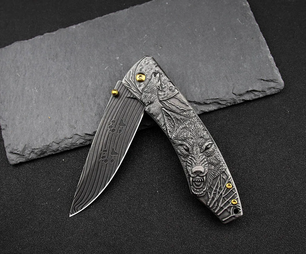 

Tactical Folding Blade Utility Knife - Stonewash 3d Wolf Engraved Collection Knife