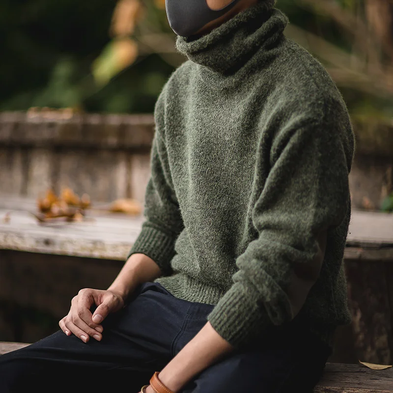 

2020 New Men's Vintage Warm Soft Mohair Turtleneck Sweater Green Grey Long Sleeve Sweater With Elbow Patch