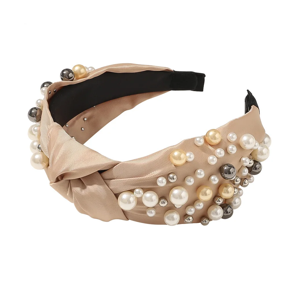 Baroque Satin Knot Hairband Pearl Metal Beads Headband for Women Girls Hair Accessories